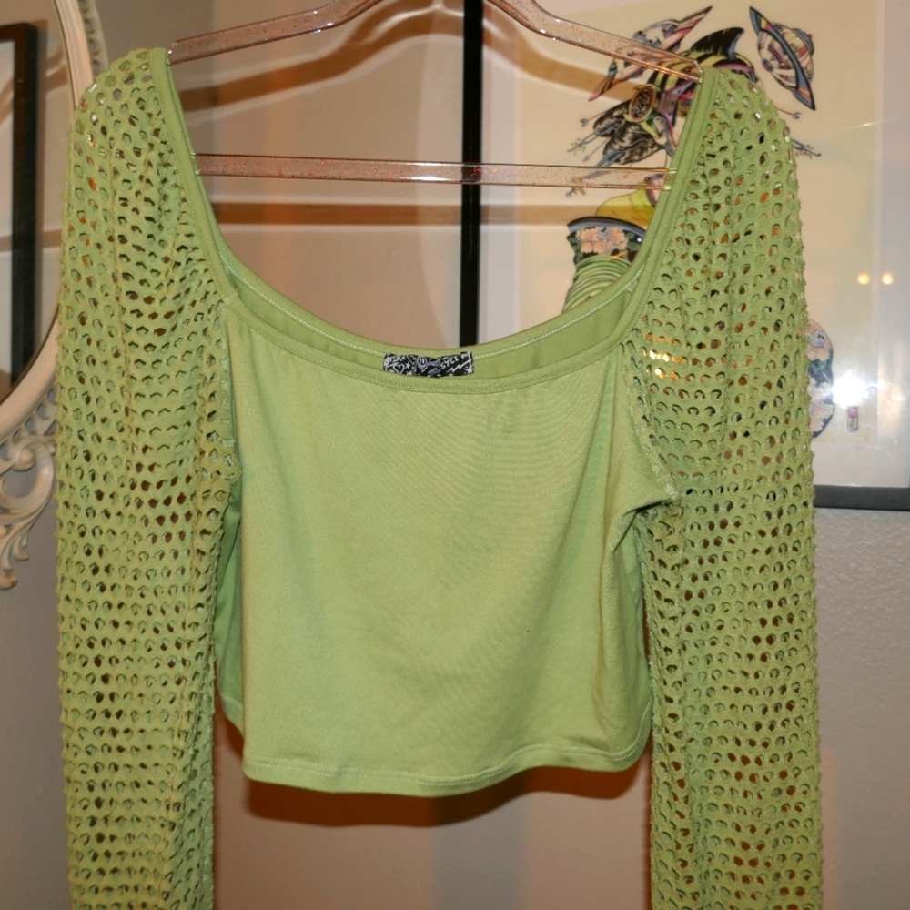 Long Mesh Sleeve Crop Top